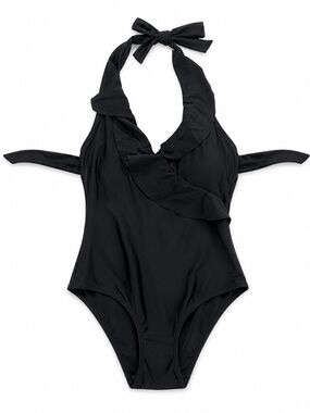 Black Halter Ruffle One-Piece Swimsuit
